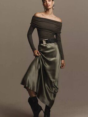 NEW REFORMATION Women Off Shoulder Shirt Olive Size L Florentina Stretch Top